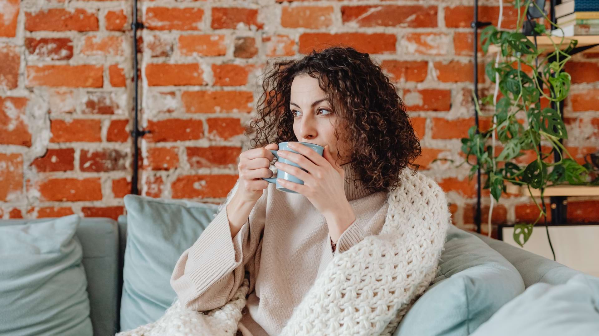 Person with curly hair sits on a light blue sofa, wrapped in a chunky knit blanket and holding a blue mug. An exposed red brick wall forms the background, with a leafy houseplant and bookshelf visible to the side, creating a cozy indoor setting.