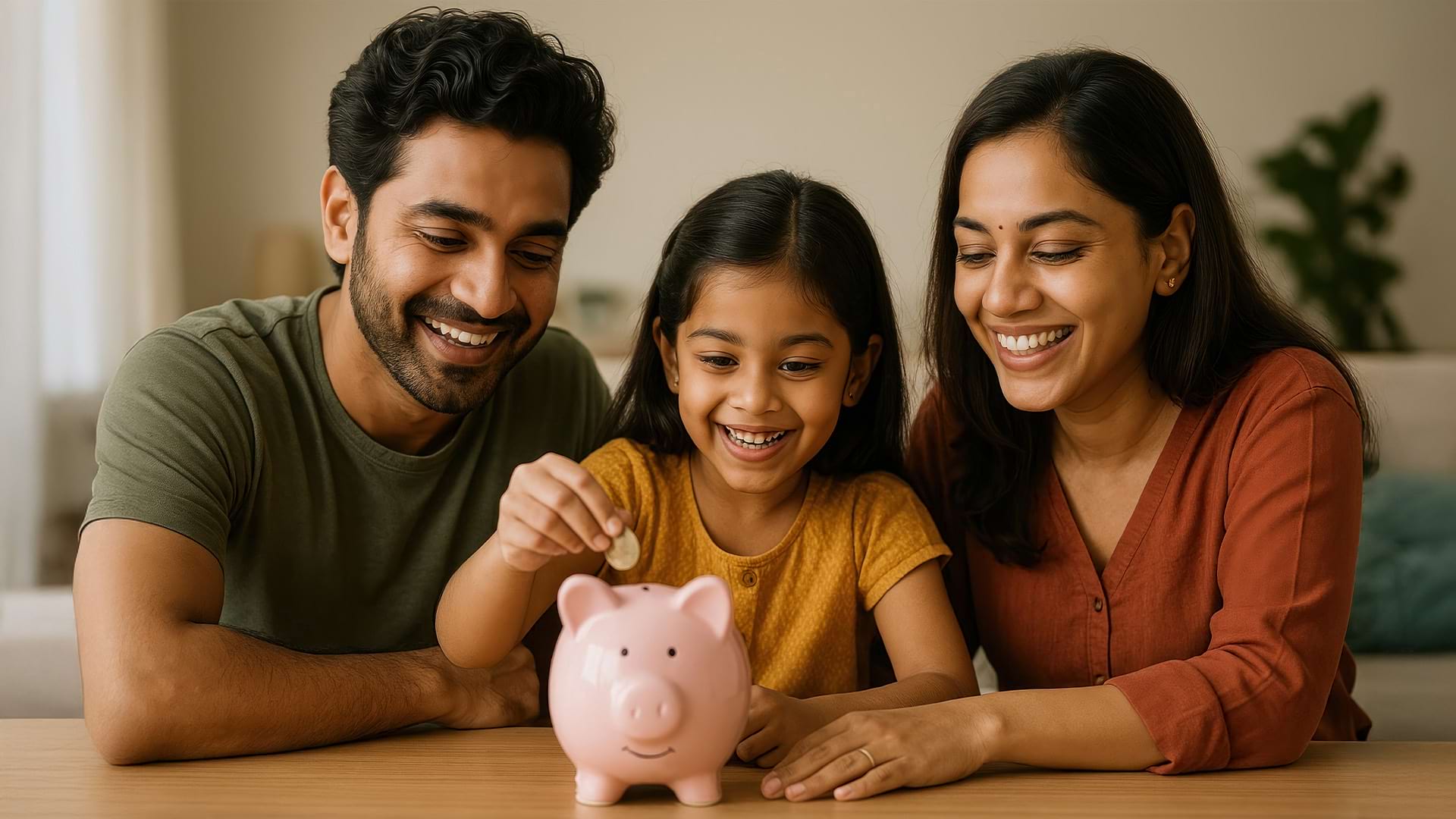 A young girl sits at a table between two smiling adults, as she places a coin into a pink piggy bank. The piggy bank is prominently positioned in the foreground, symbolizing saving and financial literacy. The warmly lit indoor setting suggests a cozy home environment, emphasizing a positive and supportive moment of teaching children about money.