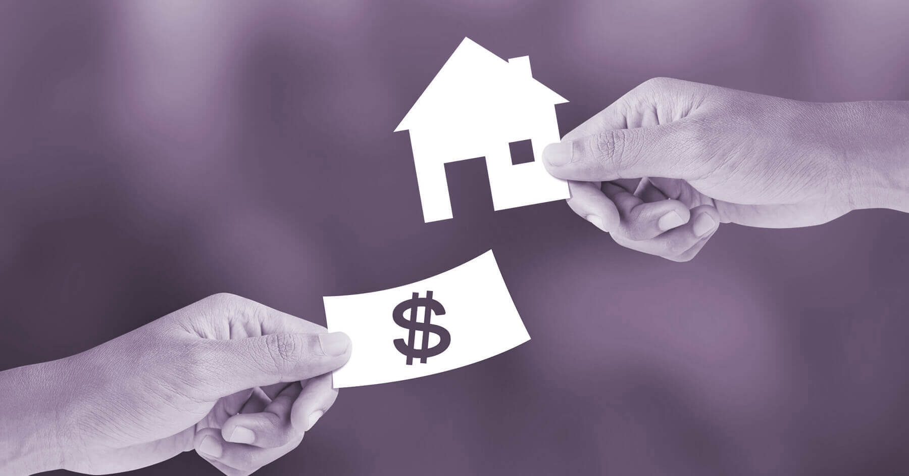 Holding house and a bill on purple background